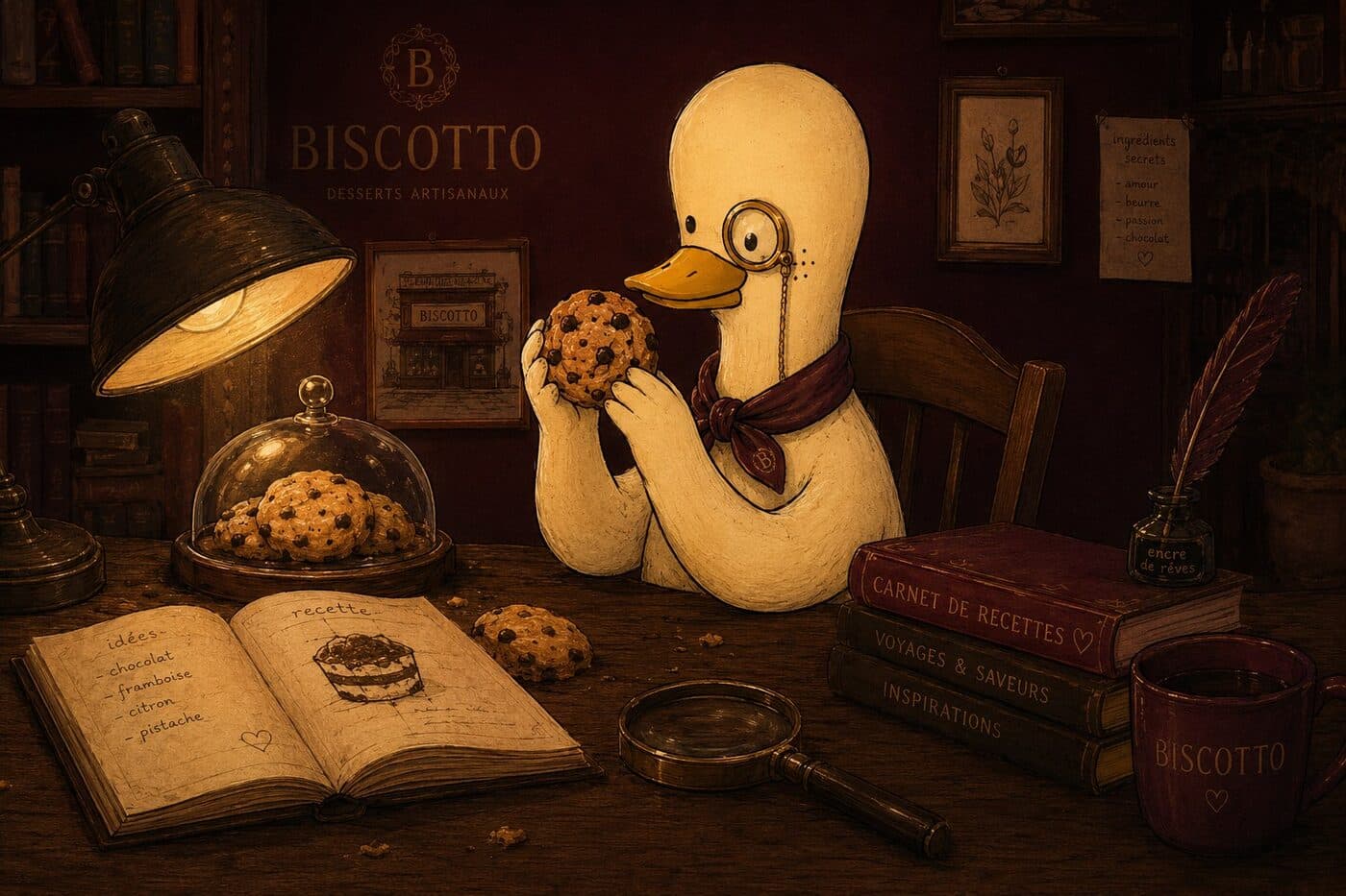Biscotto installé à son bureau, plume en main, en train d'écrire ses recettes